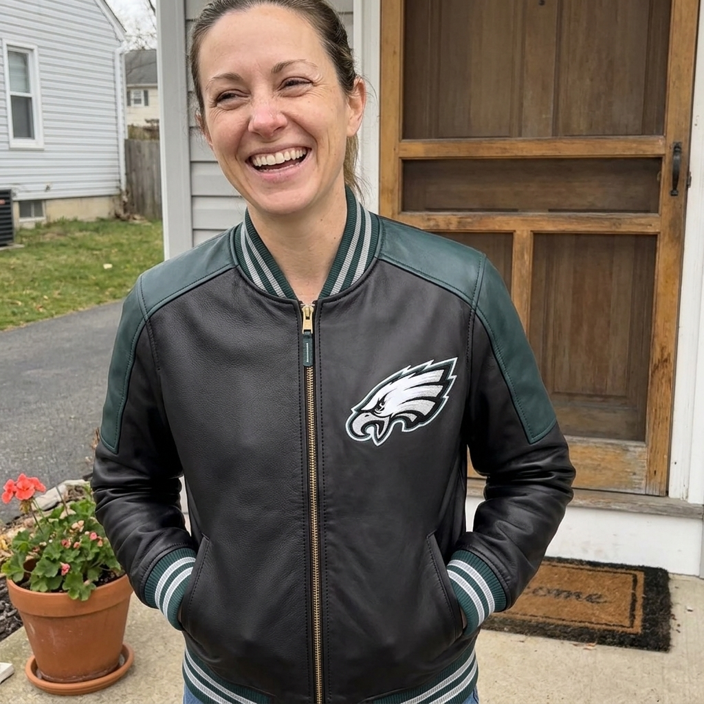 Customer wearing the Philadelphia Eagles leather varsity jacket